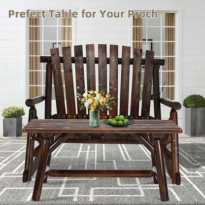 Outdoor Coffee Table, Thick Wooden Patio Adirondack Log Coffee Table with Slatted Tabletop, Wood Rustic Rectangle Center Table for Deck, Garden, Balcony, Indoor or Outdoor Use, Carbonized
