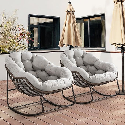 HOMEFUN Outdoor Patio Rocking Chairs Set of 2, Oversized Papasan Rock Chair Indoor with Padded Cushion - Rocker Egg Seat for Front Porch, Garden, Backyard Beige