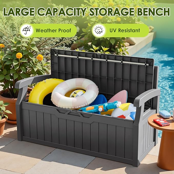 Greesum 80 Gallon Outdoor Storage Bench, Resin Patio Furniture with Armrest, Waterproof and UV-Resistant - Photo 6