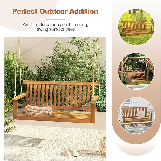 Tangkula 2 Person Hanging Porch Swing, Wooden Patio Swing with 2 Hanging Hemp Ropes, Slatted Seat & Back - Photo 8