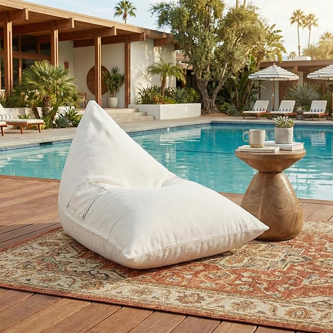 Merax Outdoor Bean Bag Lounge Chair with Side Pocket, 62" Adult Patio BeanBag Chair with Foam Filled for Pool Balcony, Water-Resistance Fabric Outdoor Bean Bag Lounge Couch, Beige