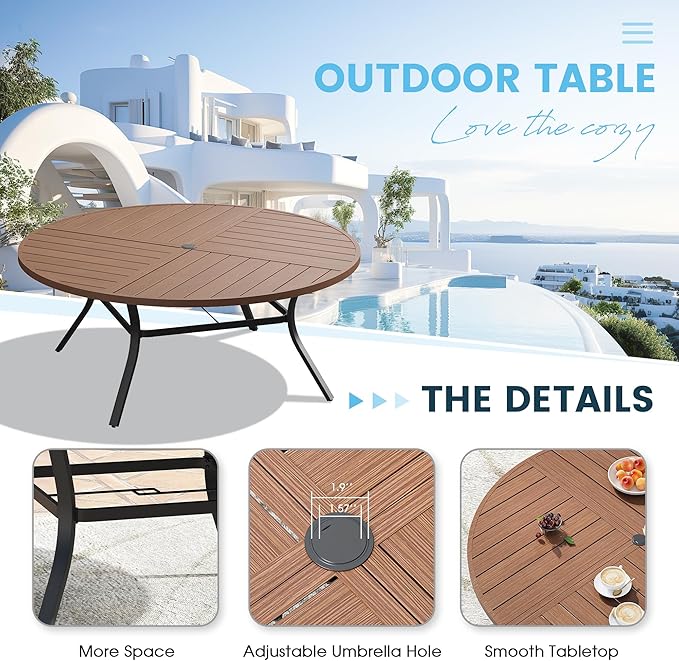 Patio Dining Table for 8-10, Round Metal Outdoor Table with Storage Shelf, 1.57" Umbrella Hole, 60" Outdoor Quartered Tabletop Dining Table for Backyard, Porch, Lawn, Walnut
