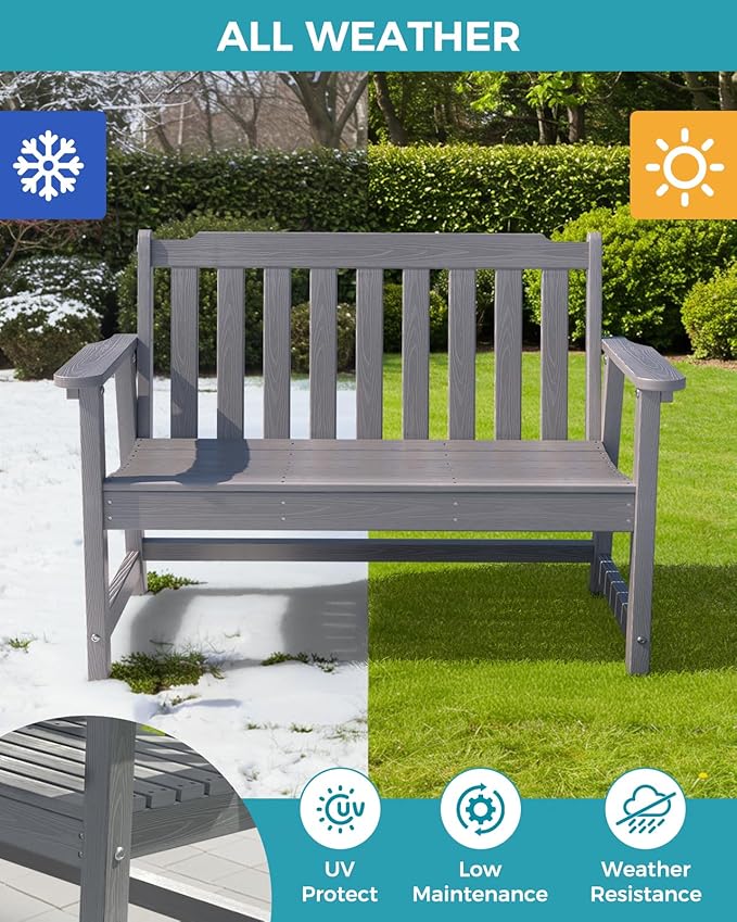 Outdoor Bench, 2-Person HDPE Garden Bench, All Weather Poly Patio Bench for Outdoors, Garden, Backyard, Porch and Park - Photo 6