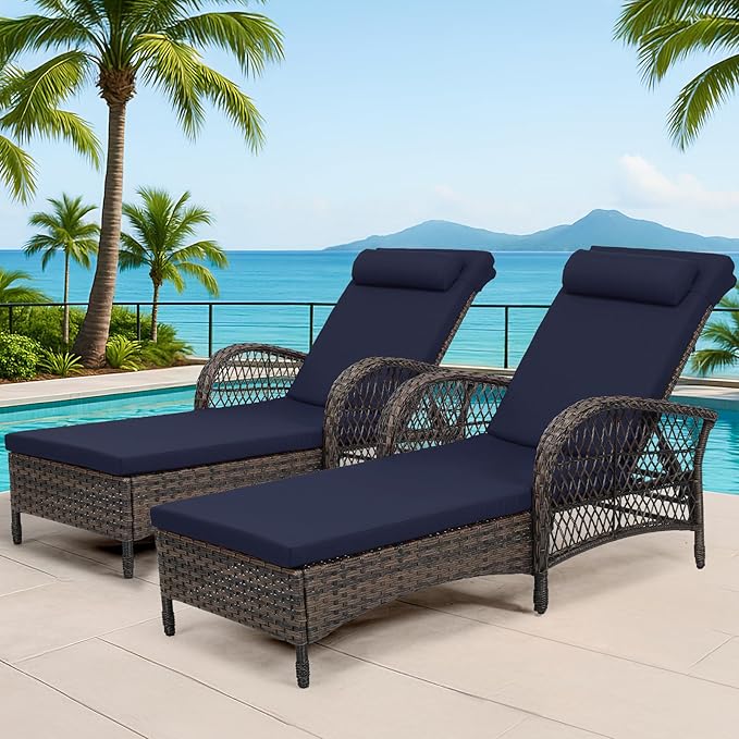 Outdoor Chaise Lounge Chair Set of 2, PE Wicker Recliner Patio Reclining Sunbathing Chair with Cushion - Photo 1