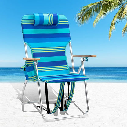VINGLI 17" Tall Beach Chairs for Adults,Aluminum 4-Position Backpack Beach Chair with Wooden Armrests,Folding Lawn Chair for Outdoor, Camping, Patio