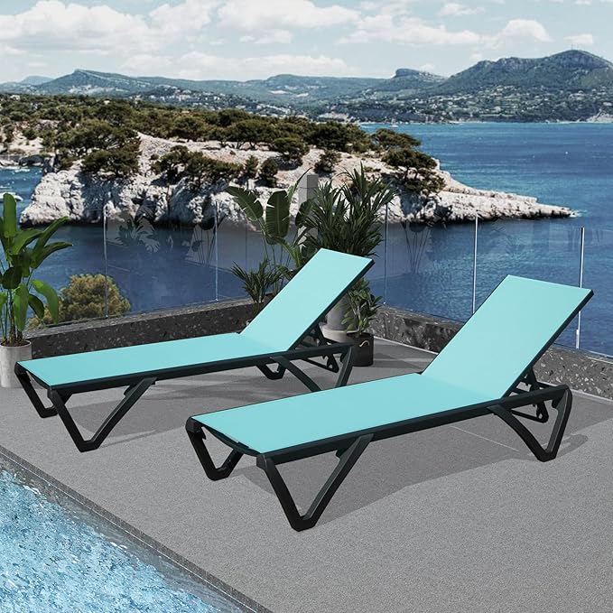 Outdoor Chaise Lounge 2 Pieces Aluminum Patio Lounge Chair with 5 Adjustable Position Recliner Chair Outside Tanning Chairs for Patio, Beach, Yard, Pool (Lake Blue)