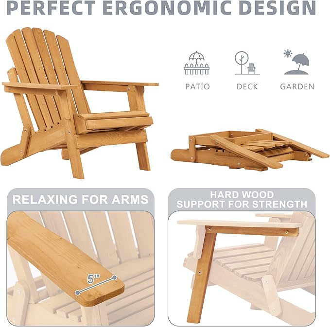 Oversized Wooden Folding Adirondack Chair with Ottoman, Pre-Assembled Backrest and Seat Board, Lounge Chair for Outdoor Patio Garden Lawn Backyard Firepit Deck Pool Beach