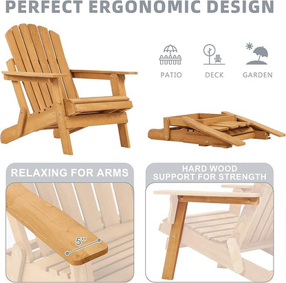 Oversized Wooden Folding Adirondack Chair with Ottoman, Pre-Assembled Backrest and Seat Board, Lounge Chair for Outdoor Patio Garden Lawn Backyard Firepit Deck Pool Beach