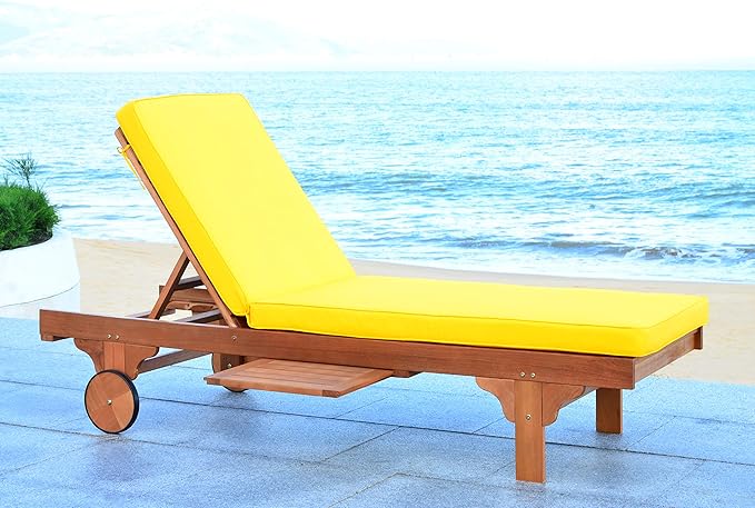 SAFAVIEH Outdoor Collection Newport Natural/ Yellow Cushion Built-in Side Table Adjustable Chaise Lounge Chair