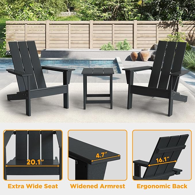 PROHIKER Adirondack Chair Set of 2, HDPE Patio Chair with Table Set, All Weather Outdoor Chairs for Lawn Garden Porch Backyard(Black)