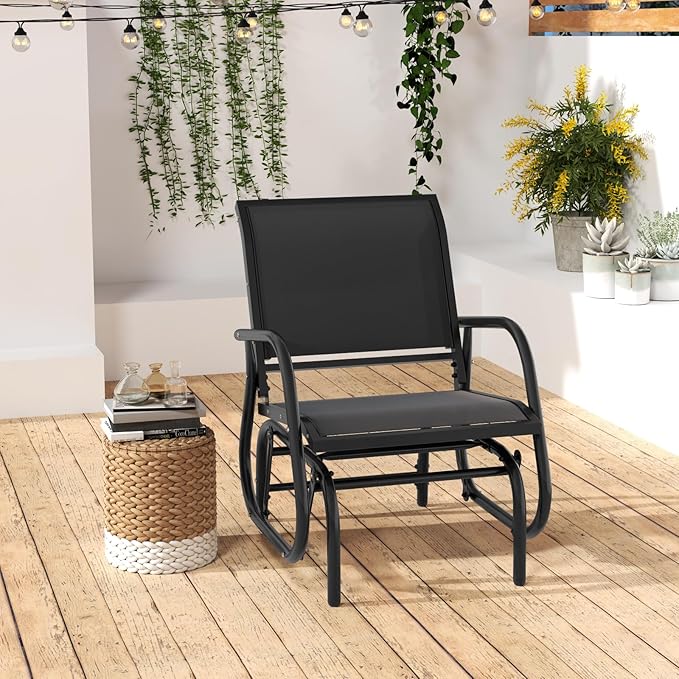 Tangkula Swing Glider Chair, Ergonomic Rocking Chair with Comfortable Fabric, Iron Frame, 4 Non-Slip Foot Pads, Outdoor Patio Glider Rocker Chair for Living Room, Garden, Backyard (1, Black)