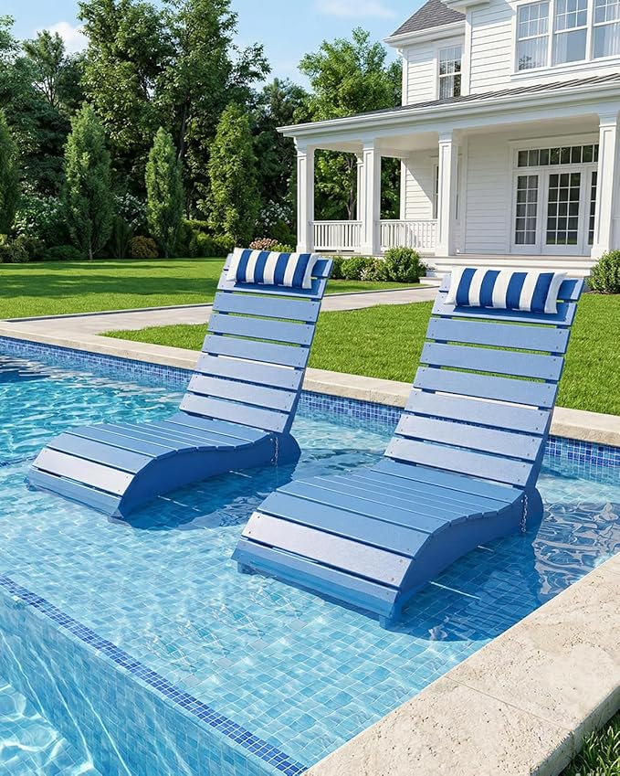 Pool Lounge Chairs, HDPE Adjustable Chaise Chairs with Headrest, Weighted Fade-Resistant Pool Chairs and Lounger for Baja Ledge，Poolside and Deck, Navy Blue