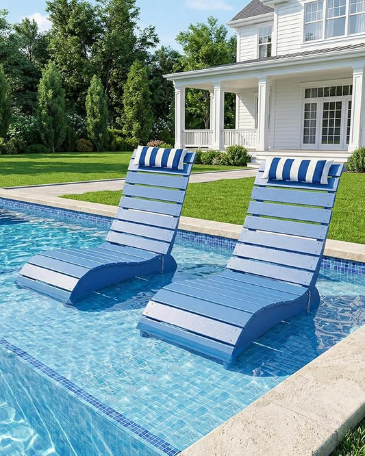 Pool Lounge Chairs Set of 2, HDPE Adjustable Chaise Chairs with Headrest, Weighted Fade-Resistant Pool Chairs and Lounger for Baja Ledge，Poolside and Deck, Navy Blue