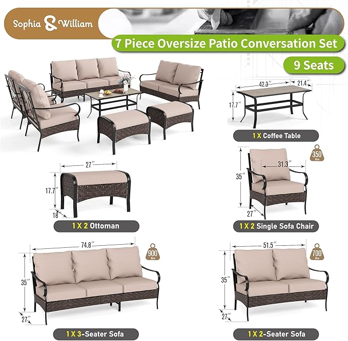 Sophia & William Patio Furniture Set, Outdoor Metal Conversation Set 9 Seats with 3-Seater Sofa, 2 Fix Chairs - Photo 7