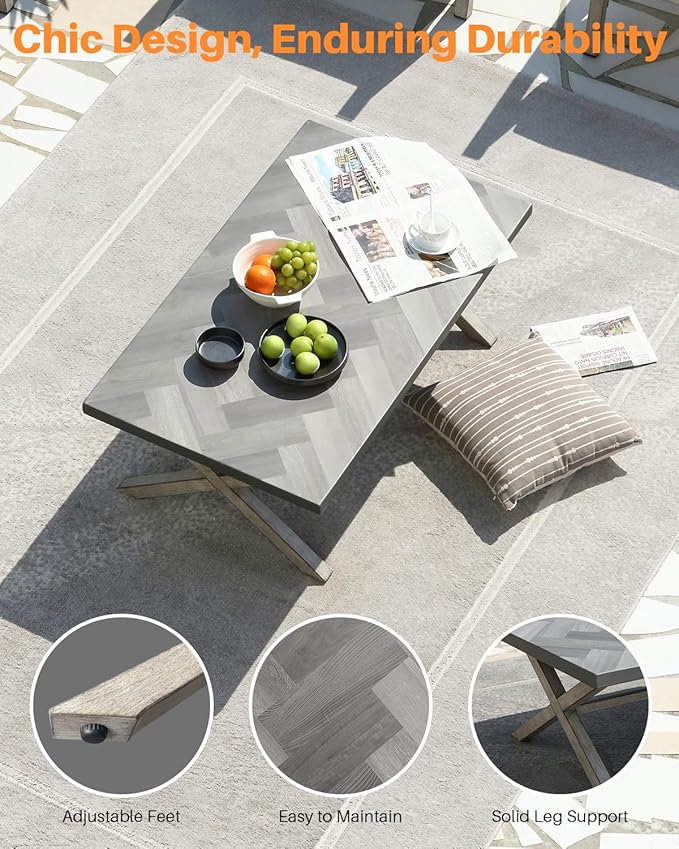 Aluminum Outdoor Coffee Table, All-Weather Rectangle Patio Coffee Table with Resin Tabletop, Modern Aluminum Outdoor Furniture Table for Patio, Poolside, Garden, Balcony, White Oak