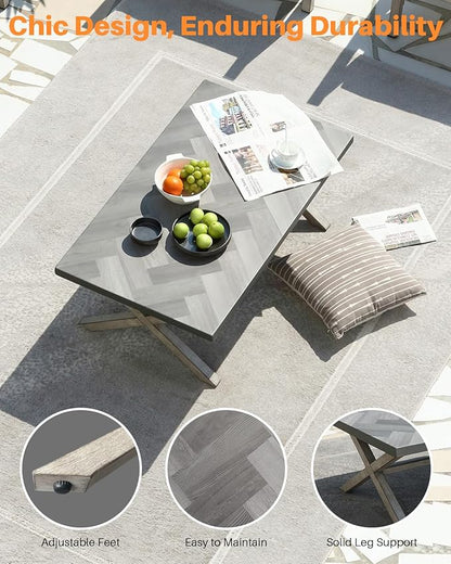 Aluminum Outdoor Coffee Table, All-Weather Rectangle Patio Coffee Table with Resin Tabletop, Modern Aluminum Outdoor Furniture Table for Patio, Poolside, Garden, Balcony, White Oak