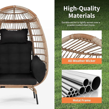 PayLessHere Egg Chair Egg Basket Rattan Chair Steel Frame Oversized Indoor Outdoor Lounger Simple Installation with 4 Comfort Cushion and Stand,352lb Capacity for Patio Garden Living Room，Black