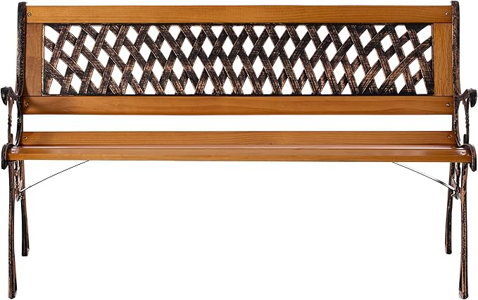 Gardenised QI003462L Outdoor Classical Wooden Slated Park Bench, Steel Frame Seating Bench for Yard, Patio, Garden, Balcony, and Deck