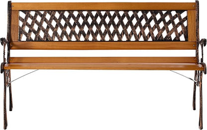 Gardenised QI003462L Outdoor Classical Wooden Slated Park Bench, Steel Frame Seating Bench for Yard, Patio, Garden, Balcony, and Deck