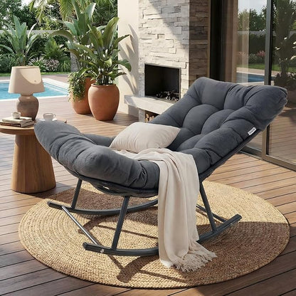 IRONCK Papasan Rocking Chair with Cushion, Patio Wicker Rocking Chair, Metal Frame Egg Rocker, 450lbs Capacity, Indoor Outdoor Lounge for Garden, Porch, Living Room, Balcony, Gray