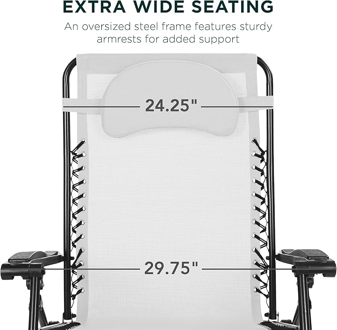 Best Choice Products Oversized Zero Gravity Chair, Folding Outdoor Patio Lounge Recliner w/Cup Holder Accessory Tray, Pillow - Snow/Black