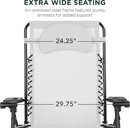 Best Choice Products Oversized Zero Gravity Chair, Folding Outdoor Patio Lounge Recliner w/Cup Holder Accessory Tray, Pillow - Snow/Black