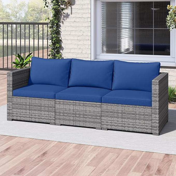 Tangkula 3 Seat Outdoor Wicker Sofa Set, Modular PE Rattan Patio Cushioned Sectional Couch Set, Outside Furniture Set for Deck, Backyard, Porch, Garden & Poolside (Navy)