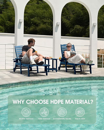 Chaise Lounge Outdoor, Lounge Chair Outdoor with Wood Texture, Adjustable 5-Position Backrest, HDPE Lounge Chair with Wheels & Cup Holder for Pool Deck Backyard,Navy Blue