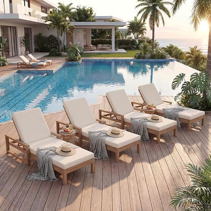 Outdoor Chaise Lounge Chair Set of 4, Patio Chaise Lounge Recliner with Adjustable Backrest, Acacia Wood Poolside Chaise Lounge with Thick All-Weather Cushions for Patio, Deck and Backyard(B)