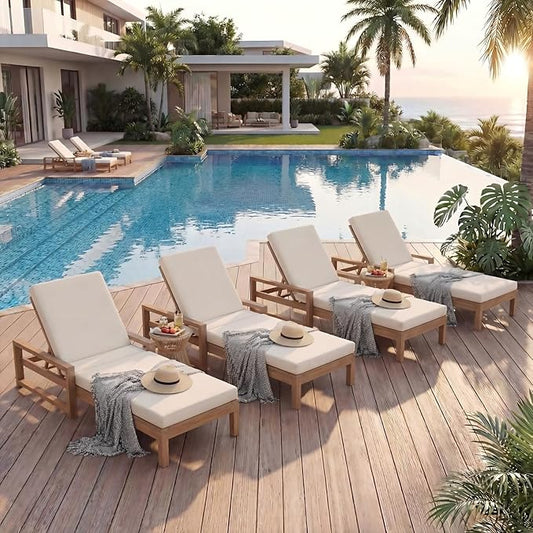 Outdoor Chaise Lounge Chair Set of 4, Patio Chaise Lounge Recliner with Adjustable Backrest, Acacia Wood Poolside Chaise Lounge with Thick All-Weather Cushions for Patio, Deck and Backyard(B)