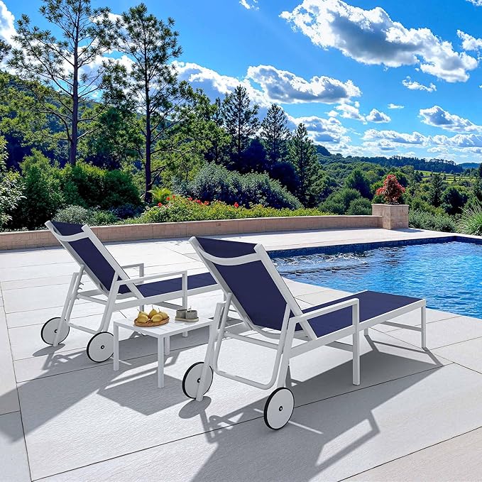 PURPLE LEAF Outdoor Chaise Lounge Adjustable Sunbathing Recliner with Armrest Navy Blue 2 Sets - Photo 2