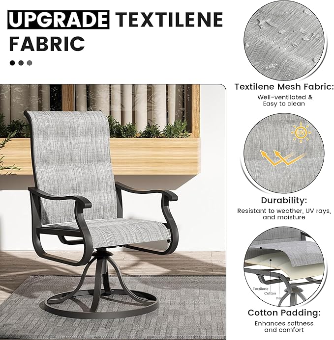 Patio Swivel Chairs Set of 4, Outdoor Dining Chairs with High Back, All-Weather Swivel Rocker Chair for Lawn, Porch or Garden (Padded Grey)