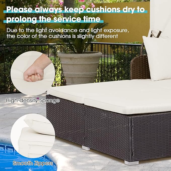 Moccha Outdoor Daybed with Retractable Canopy, Wicker Cabana with 2 Side Tables & Soft Cushions ,Hand-Woven PE Rattan Bed Lounger, Patio Sectional Furniture Set for Garden Backyard Porch (Off White)