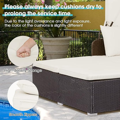 Moccha Outdoor Daybed with Retractable Canopy, Wicker Cabana with 2 Side Tables & Soft Cushions ,Hand-Woven PE Rattan Bed Lounger, Patio Sectional Furniture Set for Garden Backyard Porch (Off White)