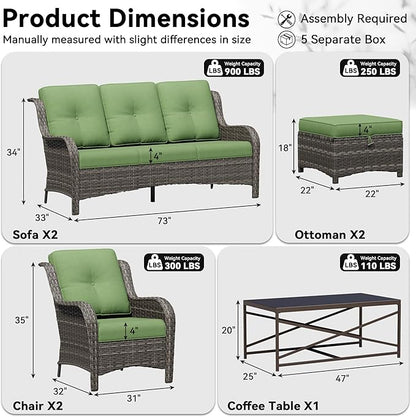 7 Piece Outdoor Wicker Patio Furniture Set, Patio Chairs Set with Thickened Olefin Cushions, High Back and Deep Seating, Hand-Woven PE Rattan, Ottoman for Porch, Deck