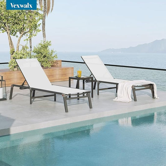 Foldable Lounge Chair Outdoor, Aluminum Pool Lounge Chairs with 5 Positions Recliner - No Assembly - Patio Chaise Lounge Chair for Outside, Poolside (White)