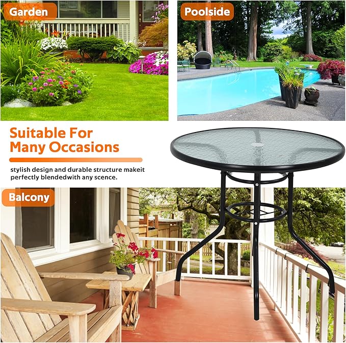 MKDLUFEI 32 Inch Round Outdoor Dining Table, Patio Table with Umbrella Hole, Tempered Glass Top, Black Steel Frame - Photo 8