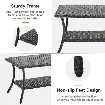 Wicker Outdoor Coffee Table,Rattan Outdoor Coffee Table with 2-Layer Storage Furniture Tables for Garden,Porch,Backyard