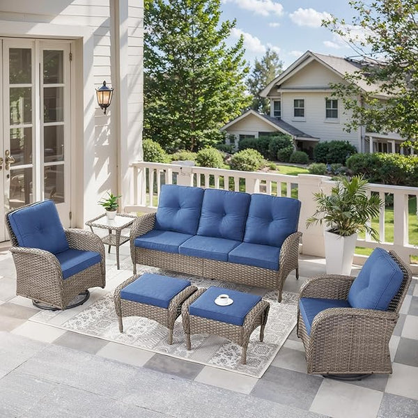 6 Pieces Outdoor Furniture-Patio Swivel Rocker Chairs Set of 2 3-Seater Wicker Couch with Outdoor Ottoman Outdoor Patio - Photo 1