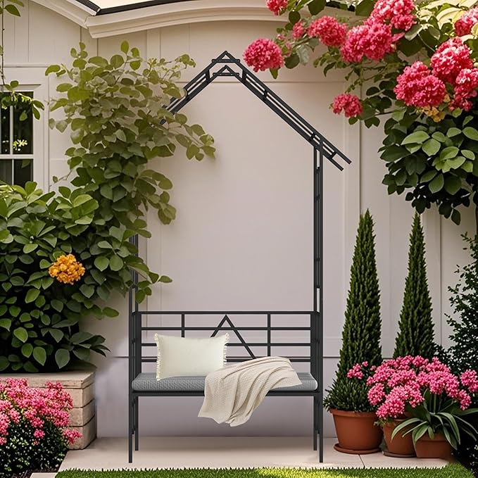 Convertible Metal Garden Bench & Trellis 58" W, Outdoor Seating with Plant Stand, Steel Arbor for Roses, Ivy, Jasmine