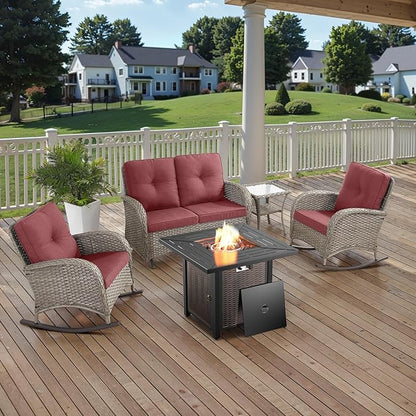 Belord 5 Pieces Patio Furniture Set with 50000 BTU Propane Fire Pit Table, All-Weather Patio Rocking Chairs, Loveseat Glider and Side Table for Outdoor Conversation Deck Poolside Backyard