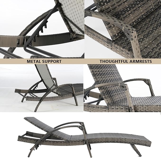 Outdoor Lounge Chairs Set of 2,Wicker Chaise Lounge Chair Pool Chaise Lounge,Patio Lounge Chair with Adjustable Backrest Arm Cushion for Poolside