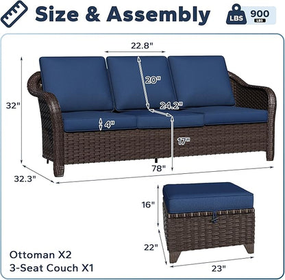 3 Pieces Patio sectional Sofa Set, Outdoor Conversation Furniture Set, 78" 3-Seat Couch with 2 Ottomans, 47" Metal Coffee Table, Rattan Wicker Sofa with Washable Cushions (Navy Blue)