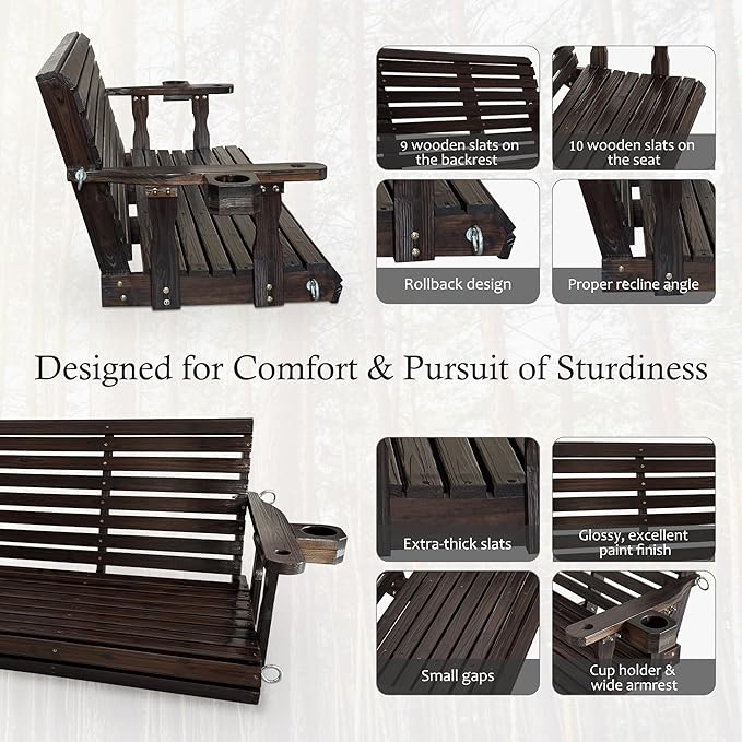 Fortune Candy Wooden Porch Swing 3-Seater, High Backrest and Deep Seat, Bench Swing with Cupholders - Photo 5