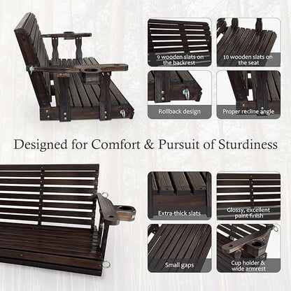 Fortune Candy Wooden Porch Swing 3-Seater, High Backrest and Deep Seat, Bench Swing with Cupholders, Hanging Chains and 7mm Springs, Heavy Duty 880 LBS (Deep Brown, 5 FT Extra Large)