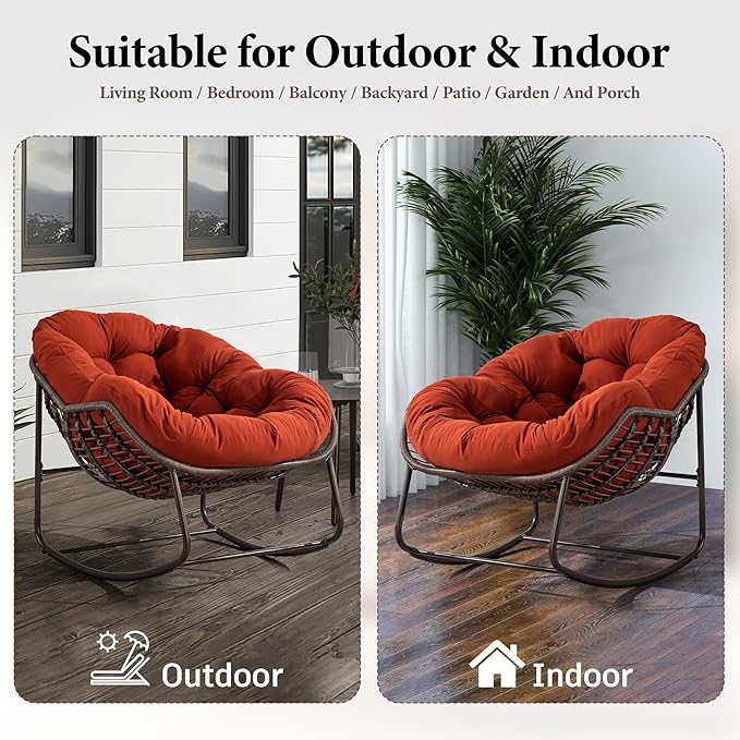 SLEERWAY Large Indoor Outdoor Rocking Chair, Oversized Rocking Papasan Chair with Thick Cushion and Frame Outdoor Rocker, Comfy Wicker Egg Chairs Lounge for Outside Porch Patio Backyard Balcony (Red)