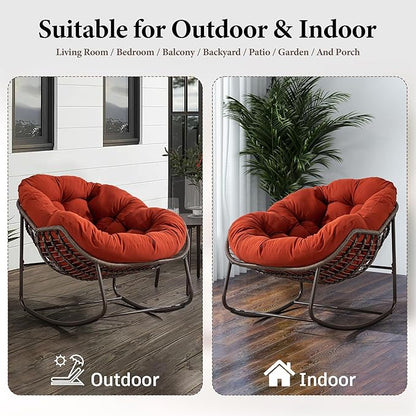 SLEERWAY Large Indoor Outdoor Rocking Chair, Oversized Rocking Papasan Chair with Thick Cushion and Frame Outdoor Rocker, Comfy Wicker Egg Chairs Lounge for Outside Porch Patio Backyard Balcony (Red)