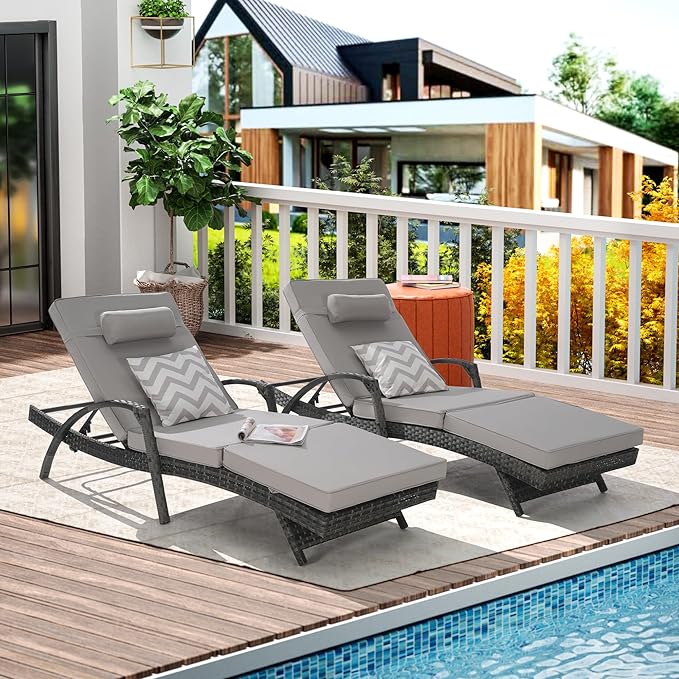 KEIKI Wicker Outdoor Chaise Lounge Chairs Set of 2 for Patio & Pool Side with 5-Level Adjustable Backrest and Cushions - Photo 3