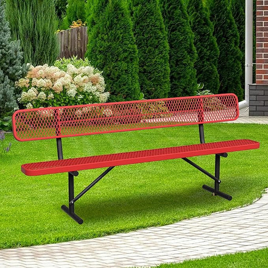 8FT Park Bench for Outside Heavy Duty Metal Mesh Bench with Back Portable Frame, Commercial Steel Bench Outdoor Garden Benches for Lawn, Park, Deck, Garden, Patio, Porch (Red, 8FT)