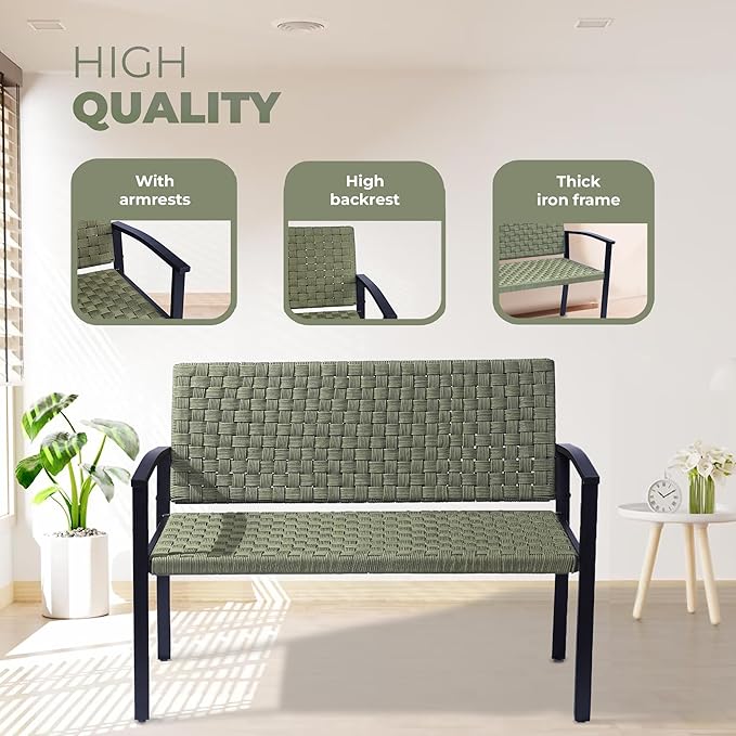 Chelsea Olive Patio Loveseat All-Weather Rope Outdoor Bench with Metal Armrest, Patio Outdoor Furniture Ideal Garden Bench for Balcony, Lawn, Backyard and Deck (Green)